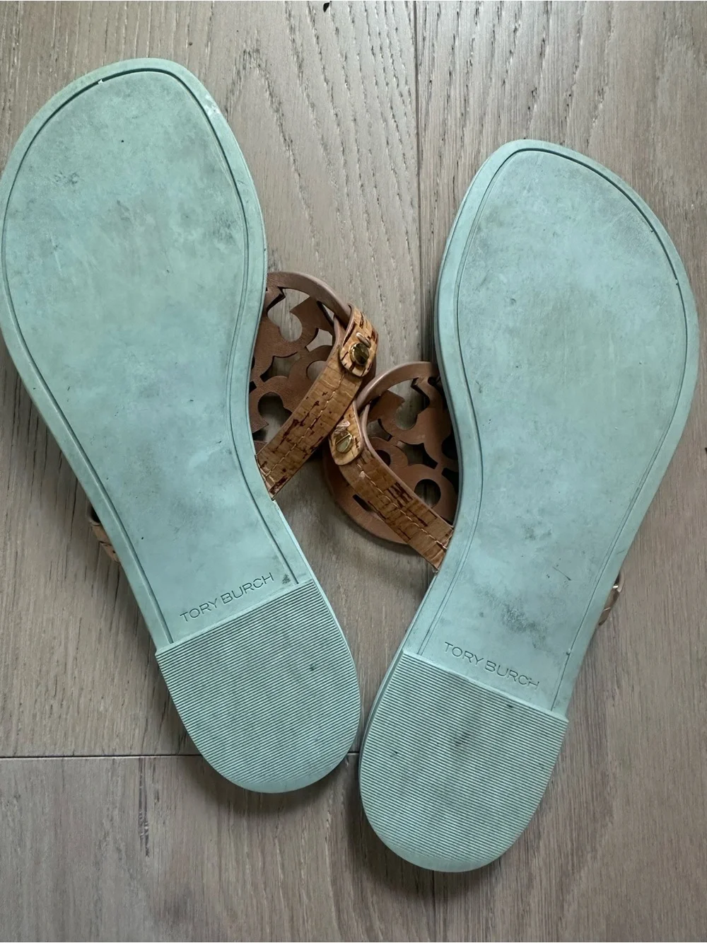 Tory Burch Light Blue Footbed Cork Logo Thong Sandals